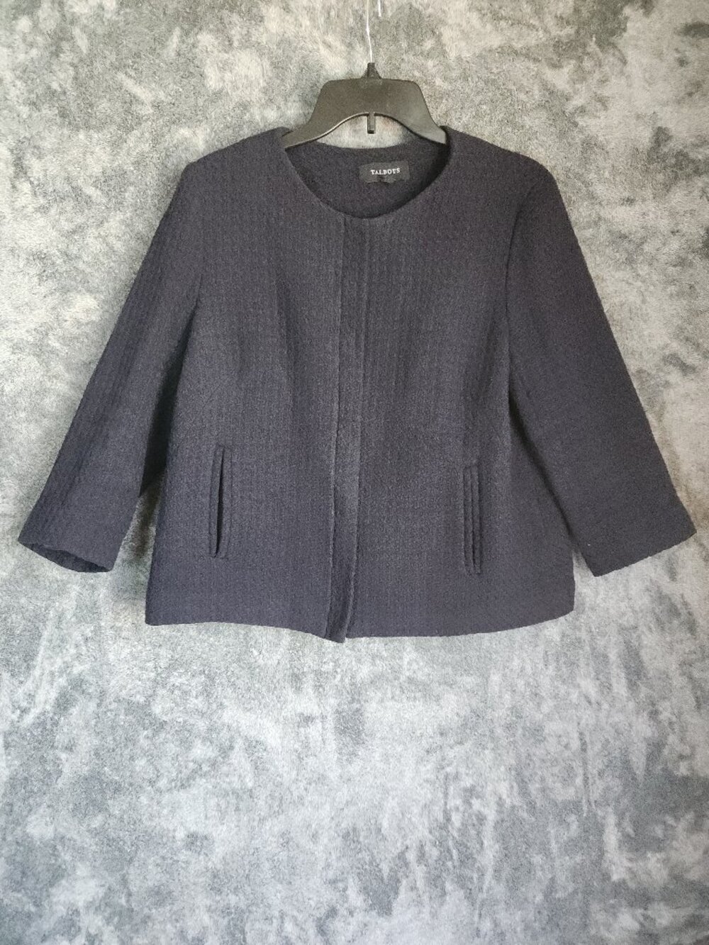 Talbots Womens Swing Blazer Zip Up Jacket 3/4 Sleeve Navy Blue 10 Knit Lined EUC